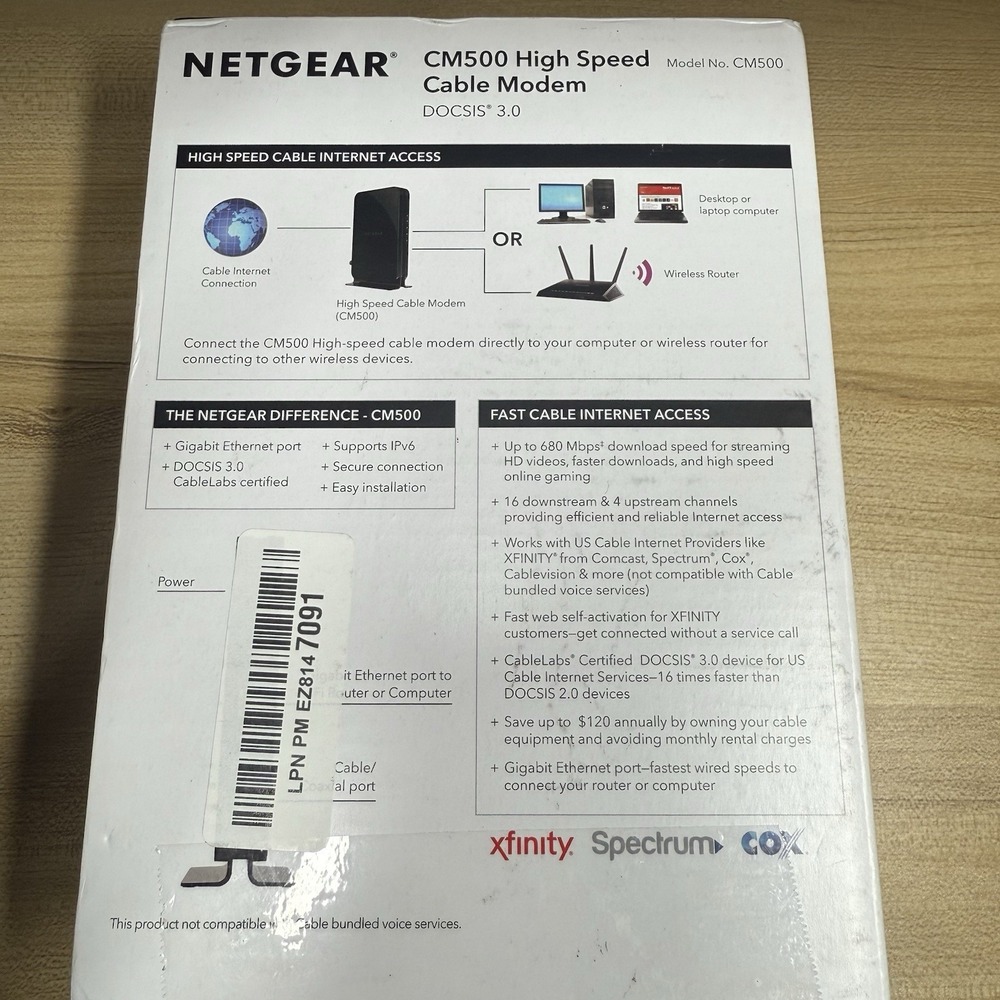 Netgear Model CM500 High Speed Cable Modem Speed Up to 680 Mbps Docsis 3.0 - Picture 6 of 6